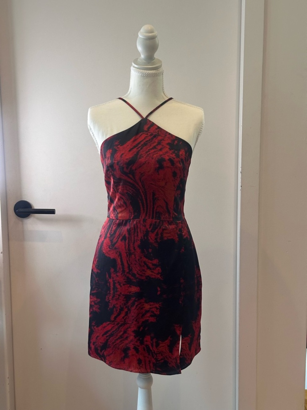Crimson Marble-Print Halter Mini Dress